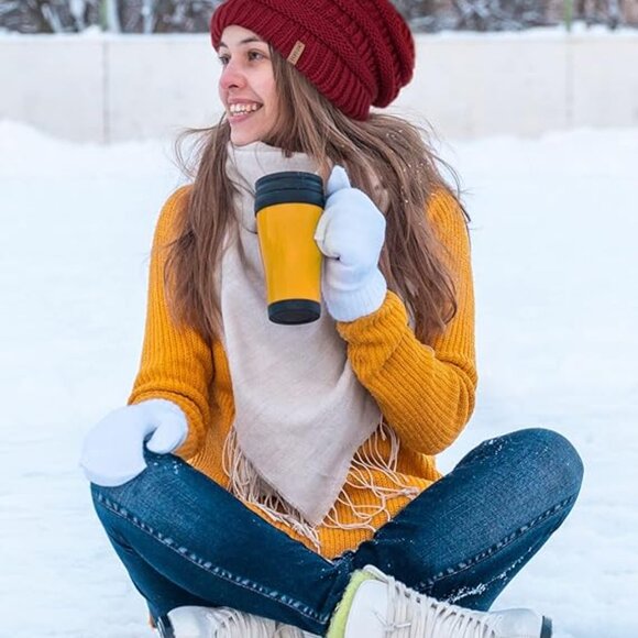 FURTALK Wine Red Slouchy Fleece Lined Knit Winter Beanie | NWOT - Picture 2 of 5